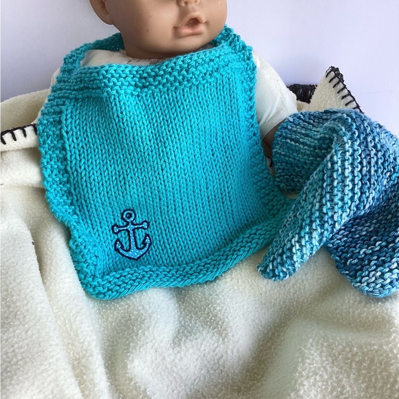 Baby Bib Set Hand Crafted Washcloth Blue Cotton Knit Anchor - Picture 12 of 12